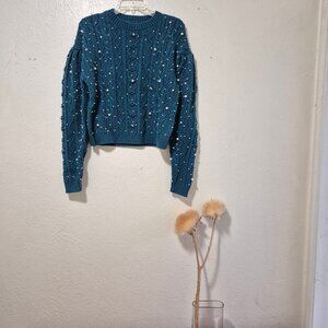 NWT Something Navy Cable Knit Pearl Embellished Sweater Wool Blend